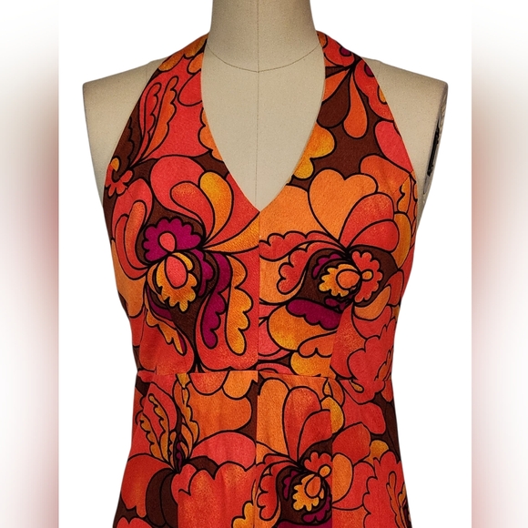 Vintage 1960s 1970s Neon Barkcloth? Halter Maxi Dress Summer Floral 10 M - Picture 3 of 16